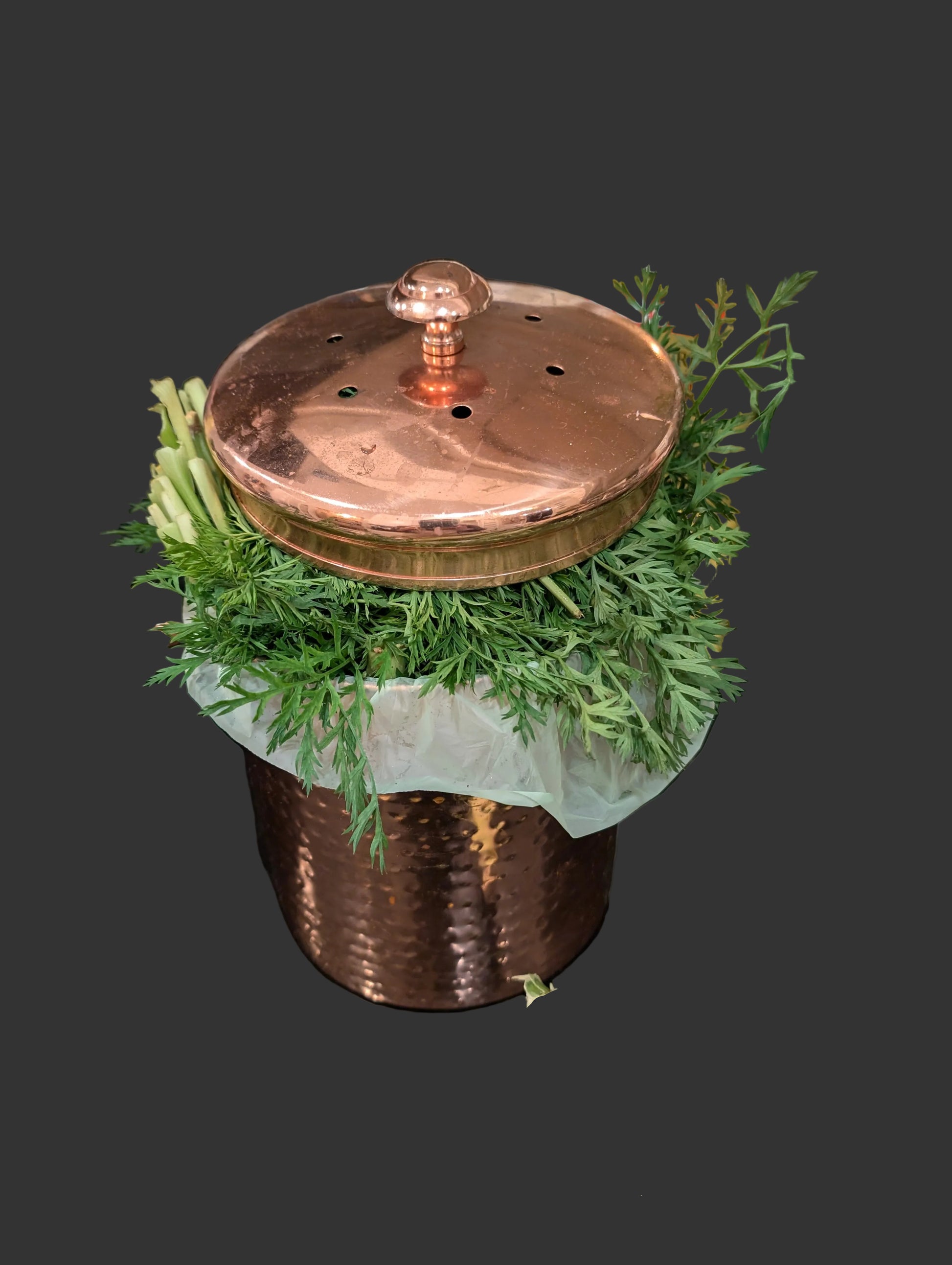 Copper compost pail containing food scraps and food waste