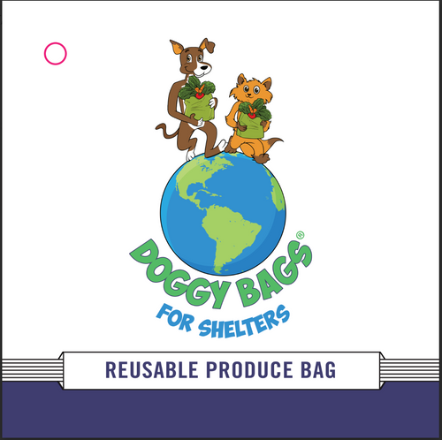 Product hang tag, image shows cat and dog walking on a globe carrying doggybags filled with vegetables